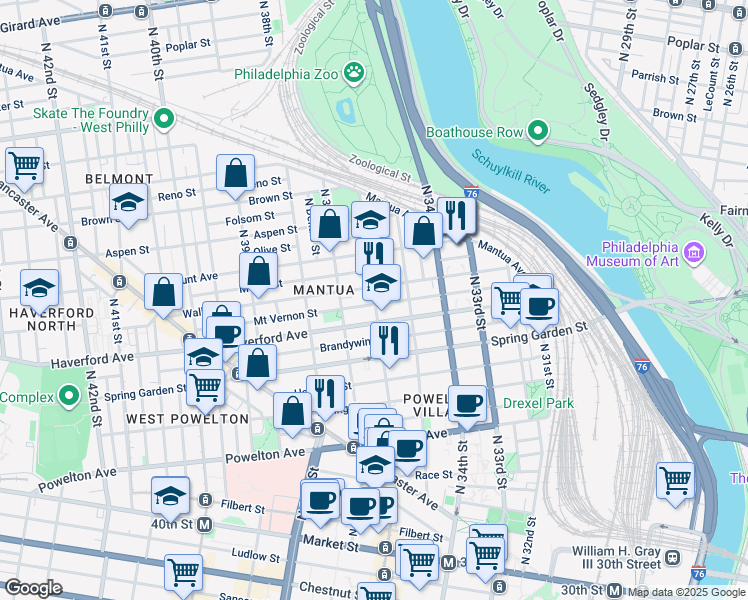 map of restaurants, bars, coffee shops, grocery stores, and more near 3605 Mount Vernon Street in Philadelphia