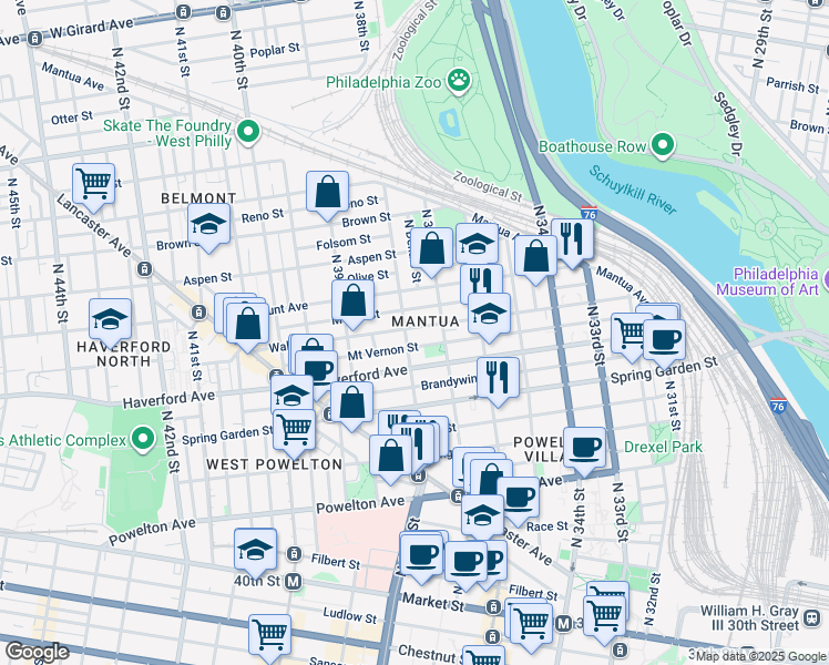 map of restaurants, bars, coffee shops, grocery stores, and more near 3734 Wallace Street in Philadelphia