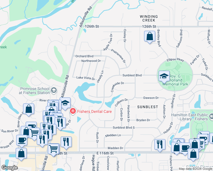 map of restaurants, bars, coffee shops, grocery stores, and more near 811 Sunblest Boulevard in Fishers