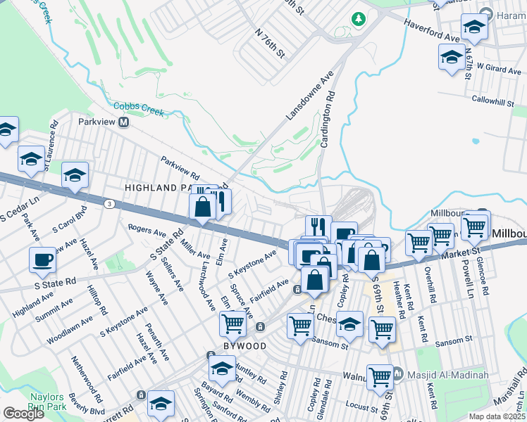 map of restaurants, bars, coffee shops, grocery stores, and more near 106, 7200 Merion Terrace in Delaware County