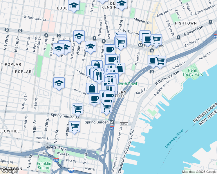 map of restaurants, bars, coffee shops, grocery stores, and more near 910 Kings Oak Ln in Philadelphia