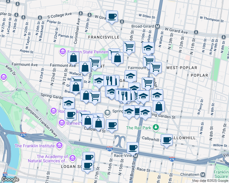 map of restaurants, bars, coffee shops, grocery stores, and more near 1623 Green Street in Philadelphia