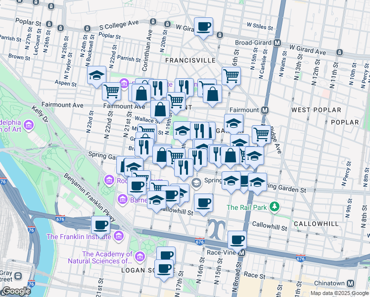 map of restaurants, bars, coffee shops, grocery stores, and more near 1740 Green Street in Philadelphia