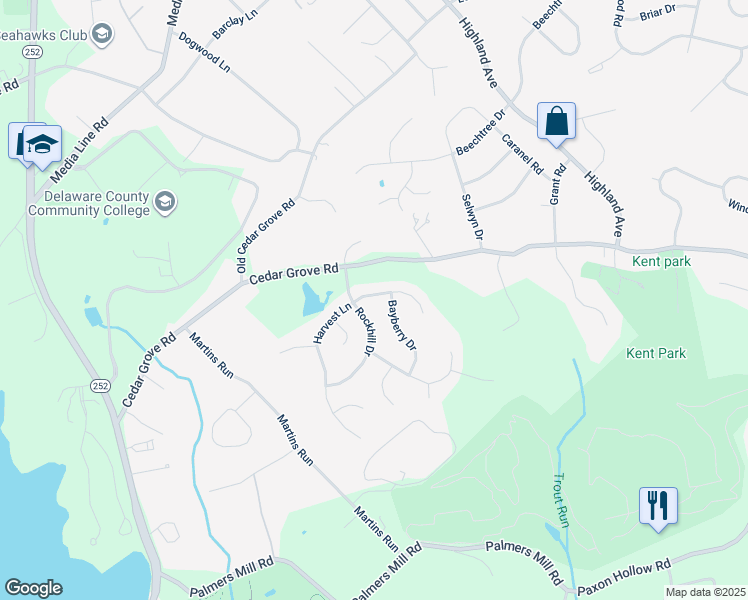map of restaurants, bars, coffee shops, grocery stores, and more near 104 Harvest Lane in Broomall