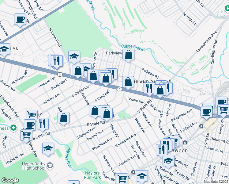 map of restaurants, bars, coffee shops, grocery stores, and more near 8 South Fairview Avenue in Delaware County