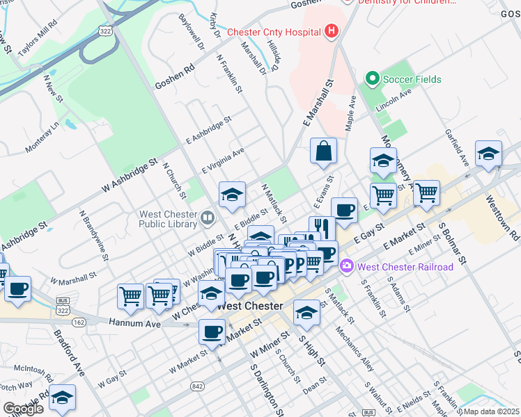 map of restaurants, bars, coffee shops, grocery stores, and more near 419 North Walnut Street in West Chester