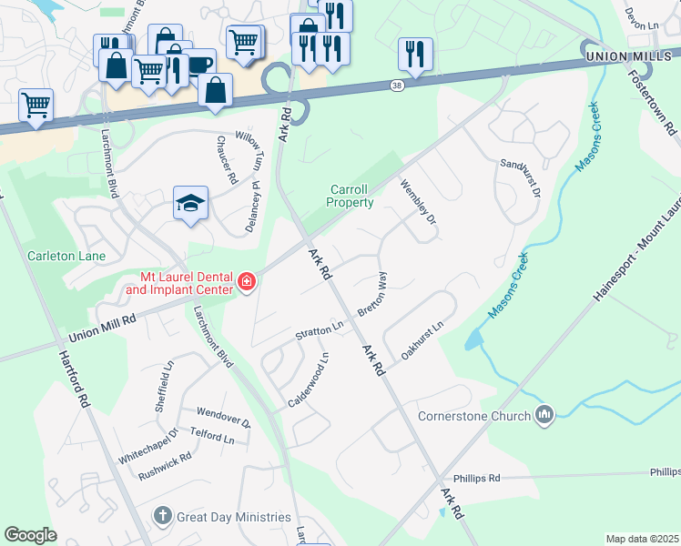 map of restaurants, bars, coffee shops, grocery stores, and more near 3 Hampshire Lane in Mount Laurel Township