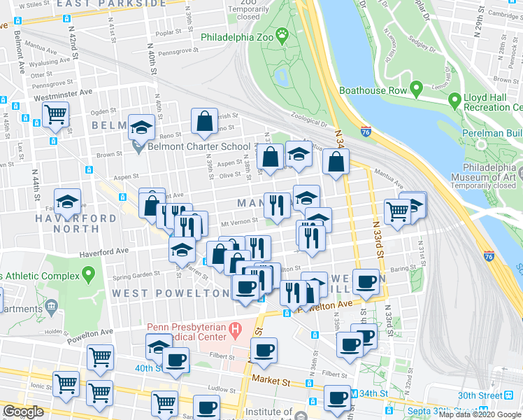 map of restaurants, bars, coffee shops, grocery stores, and more near 3730 Wallace Street in Philadelphia