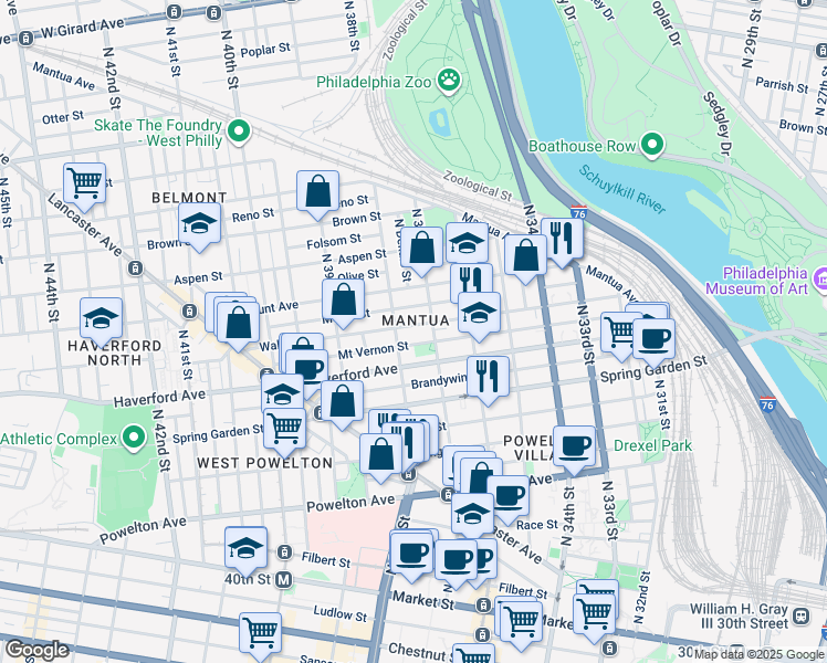 map of restaurants, bars, coffee shops, grocery stores, and more near 3722 Wallace Street in Philadelphia