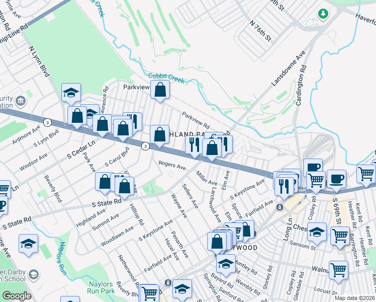 map of restaurants, bars, coffee shops, grocery stores, and more near 7603 West Chester Pike in Delaware County