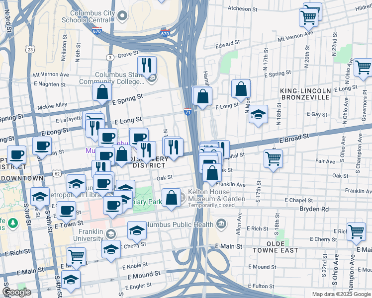 map of restaurants, bars, coffee shops, grocery stores, and more near 600 East Broad Street in Columbus