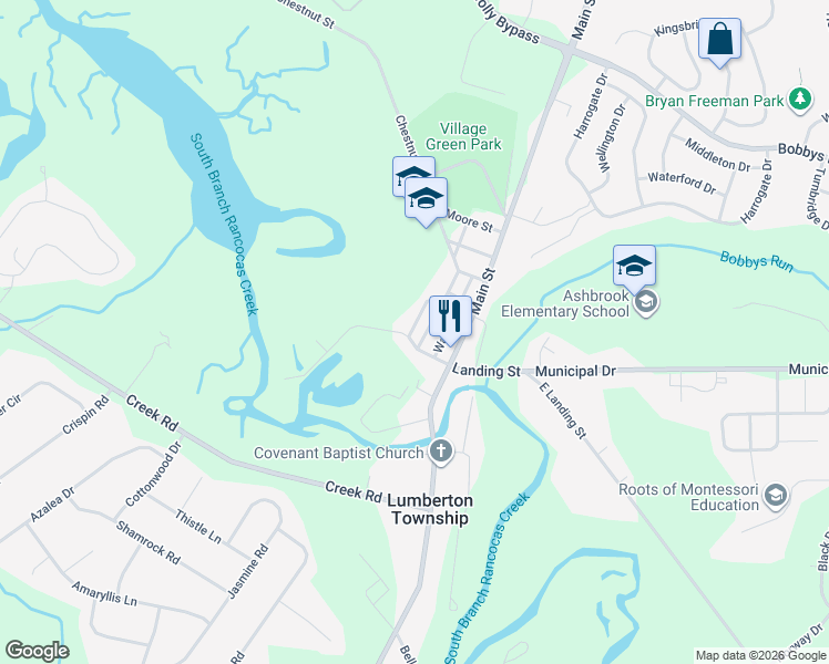 map of restaurants, bars, coffee shops, grocery stores, and more near 8 Chestnut Street in Lumberton