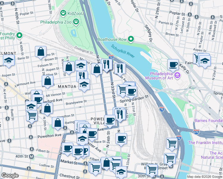 map of restaurants, bars, coffee shops, grocery stores, and more near 612-14 North 33rd Street in Philadelphia