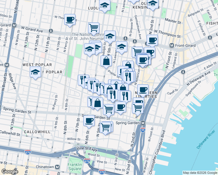 map of restaurants, bars, coffee shops, grocery stores, and more near 816 North Lawrence Street in Philadelphia