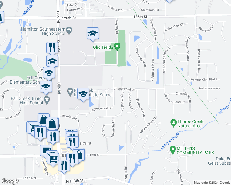 map of restaurants, bars, coffee shops, grocery stores, and more near 12045 Princewood Drive in Fishers