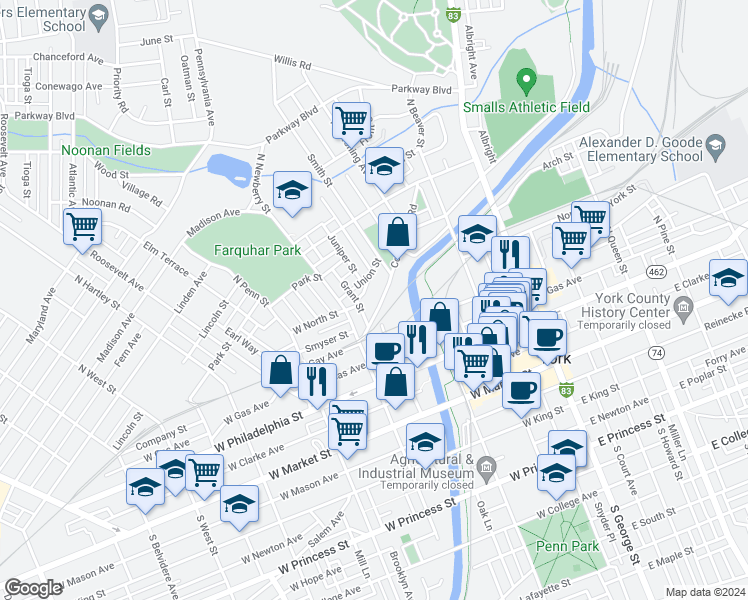 map of restaurants, bars, coffee shops, grocery stores, and more near 232 Cottage Hill Road in York
