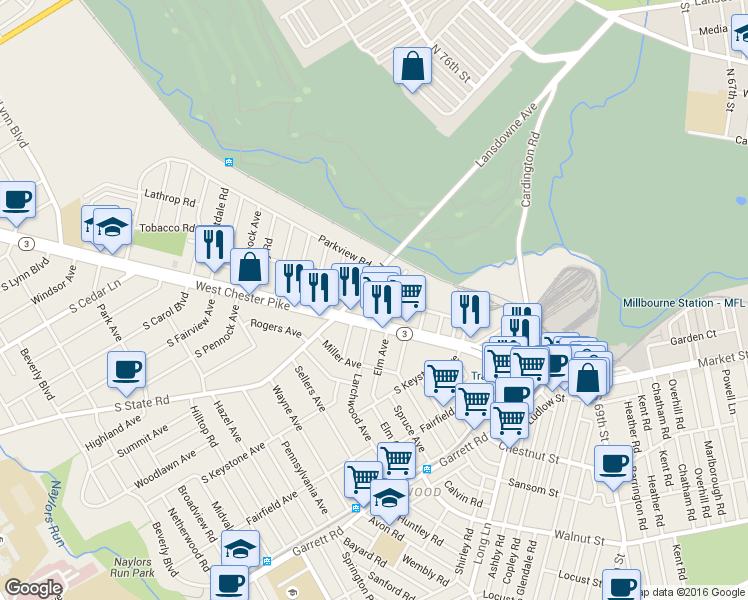map of restaurants, bars, coffee shops, grocery stores, and more near 24 Sunshine Road in Upper Darby