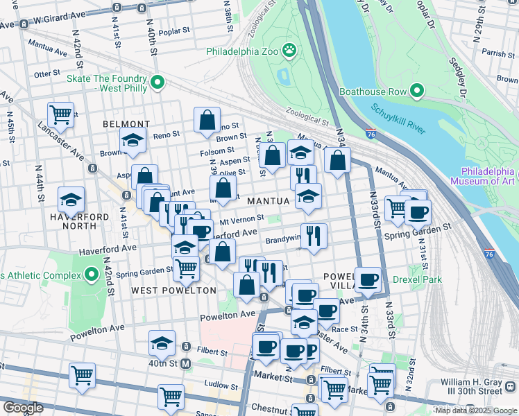 map of restaurants, bars, coffee shops, grocery stores, and more near 3738 Wallace Street in Philadelphia