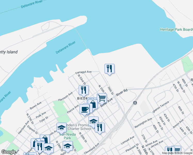 map of restaurants, bars, coffee shops, grocery stores, and more near 1174 North 35th Street in Camden