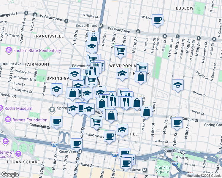 map of restaurants, bars, coffee shops, grocery stores, and more near 1204 Wallace Street in Philadelphia