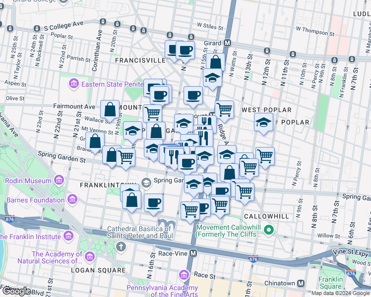 map of restaurants, bars, coffee shops, grocery stores, and more near 1520 Mount Vernon Street in Philadelphia