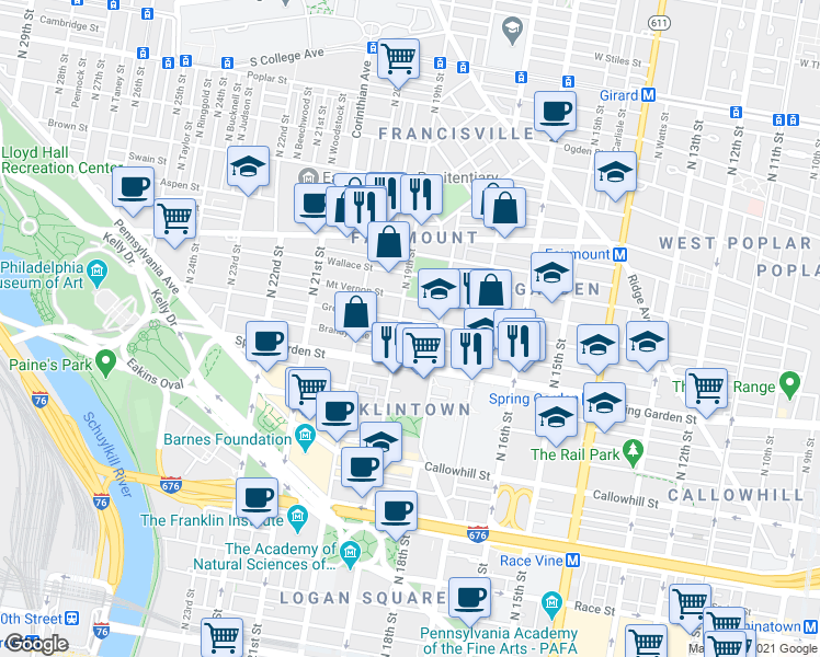map of restaurants, bars, coffee shops, grocery stores, and more near in Philadelphia