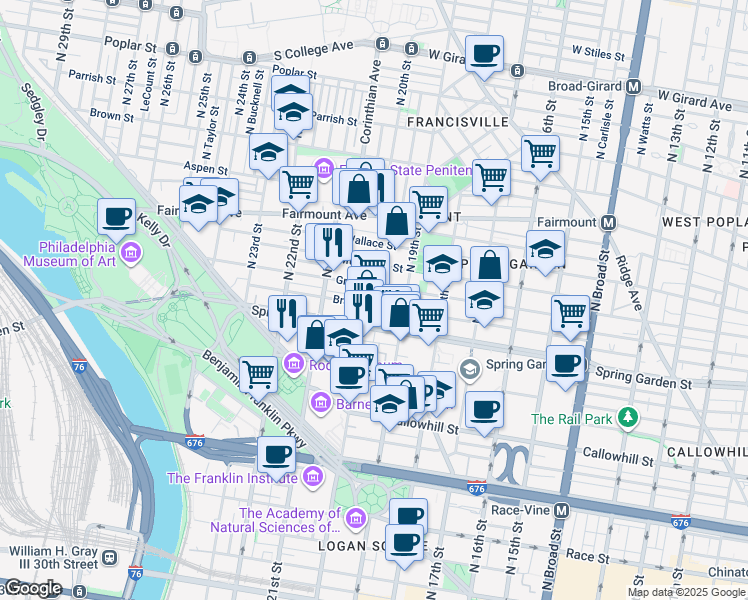 map of restaurants, bars, coffee shops, grocery stores, and more near 567 North 20th Street in Philadelphia