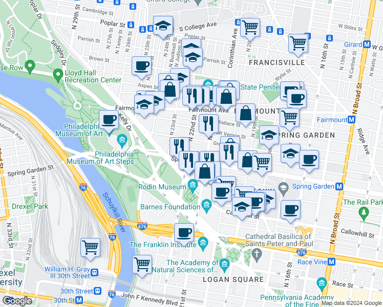 map of restaurants, bars, coffee shops, grocery stores, and more near in Philadelphia