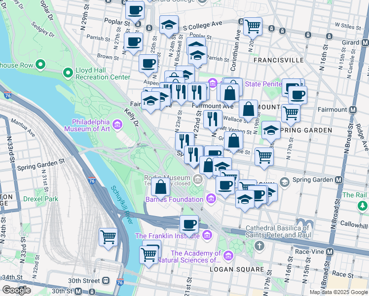 map of restaurants, bars, coffee shops, grocery stores, and more near 2229 Spring Garden Street in Philadelphia