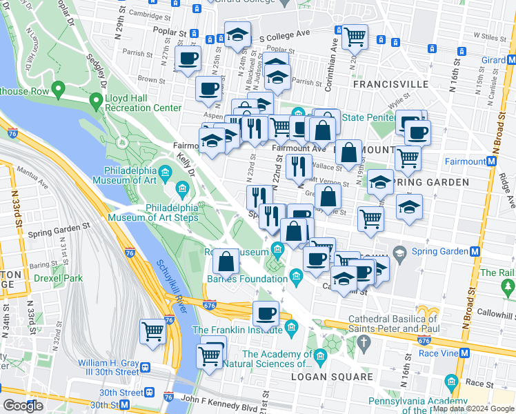 map of restaurants, bars, coffee shops, grocery stores, and more near 2229 Spring Garden Street in Philadelphia