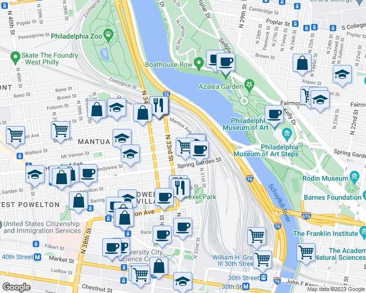 map of restaurants, bars, coffee shops, grocery stores, and more near in Philadelphia