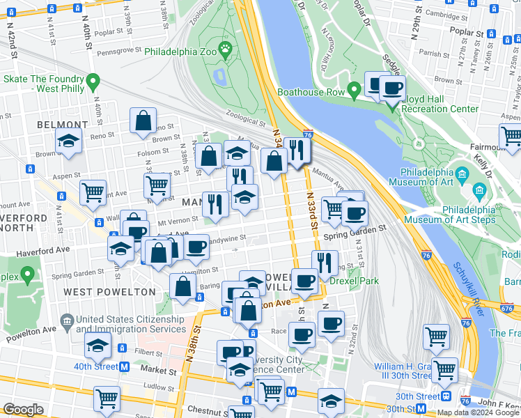 map of restaurants, bars, coffee shops, grocery stores, and more near in Philadelphia