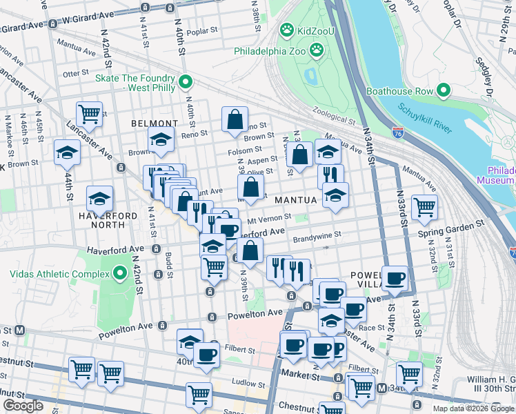 map of restaurants, bars, coffee shops, grocery stores, and more near 641 North 39th Street in Philadelphia