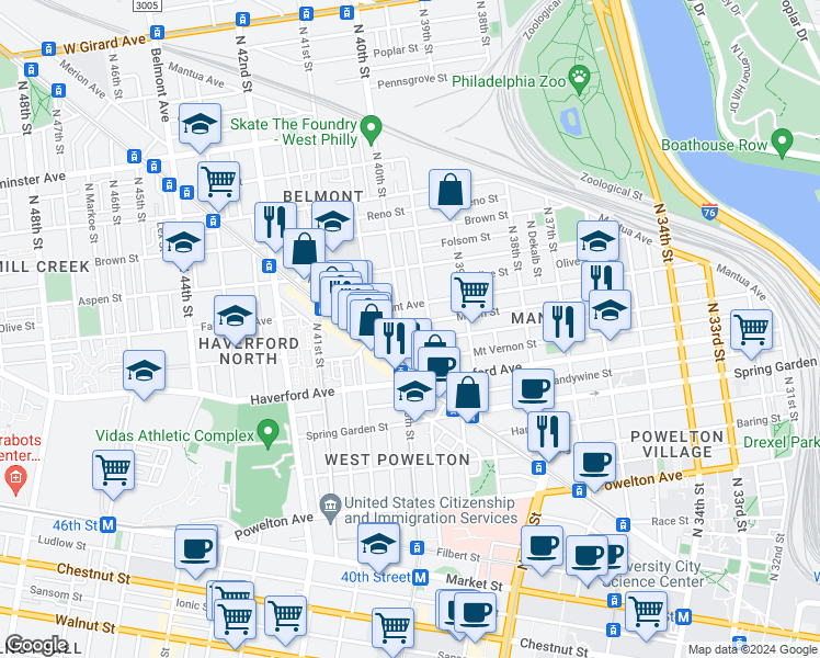 map of restaurants, bars, coffee shops, grocery stores, and more near 639 North 40th Street in Philadelphia