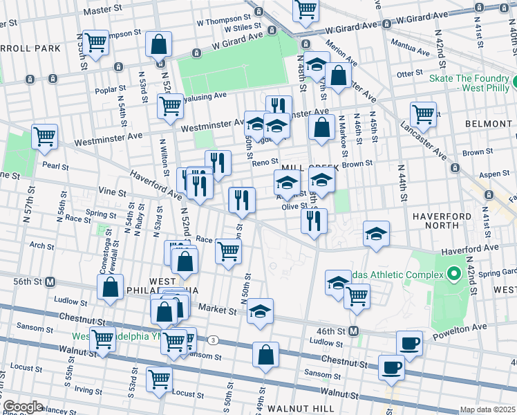 map of restaurants, bars, coffee shops, grocery stores, and more near 400 North 50th Street in Philadelphia