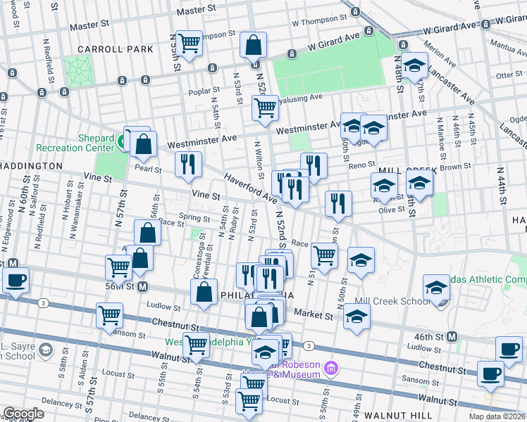 map of restaurants, bars, coffee shops, grocery stores, and more near in Philadelphia