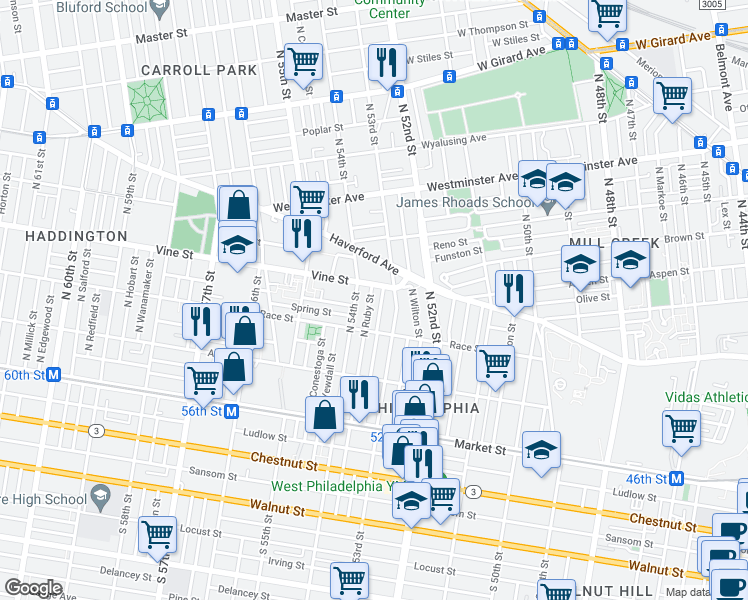 map of restaurants, bars, coffee shops, grocery stores, and more near 236 North 53rd Street in Philadelphia