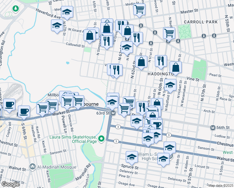 map of restaurants, bars, coffee shops, grocery stores, and more near 107 North 63rd Street in Philadelphia