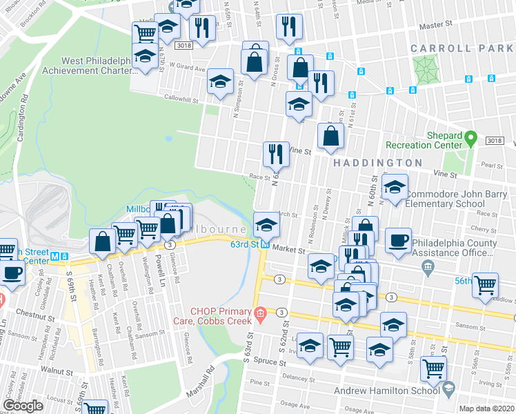 map of restaurants, bars, coffee shops, grocery stores, and more near 103 North Gross Street in Philadelphia