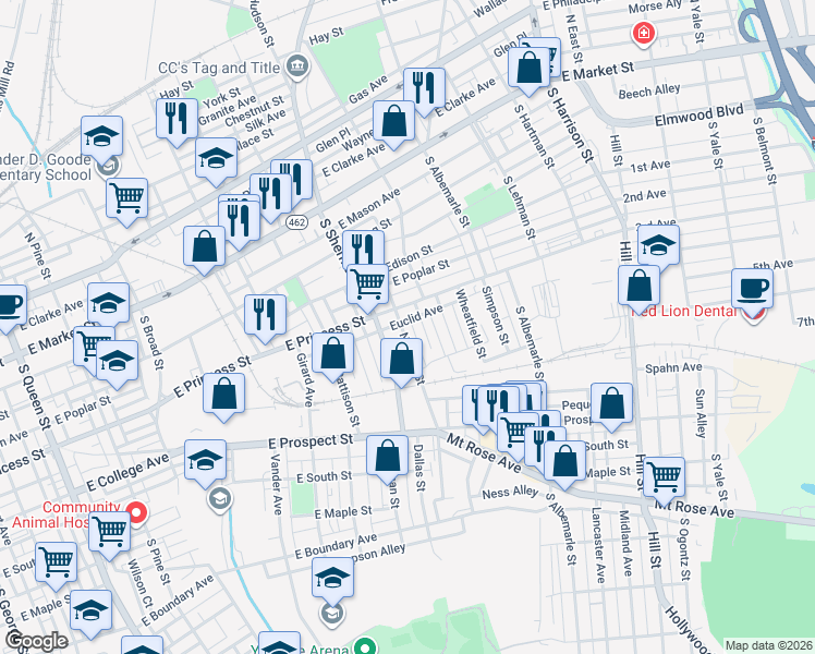 map of restaurants, bars, coffee shops, grocery stores, and more near 319 Norway Street in York