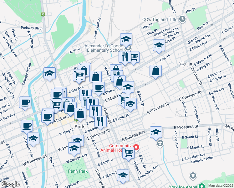 map of restaurants, bars, coffee shops, grocery stores, and more near 267 East Market Street in York