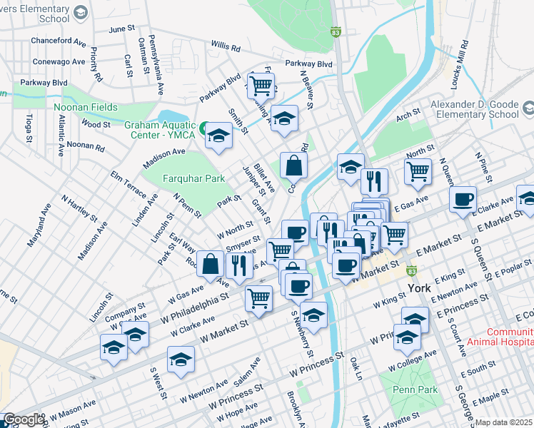 map of restaurants, bars, coffee shops, grocery stores, and more near 232 Cottage Hill Road in York