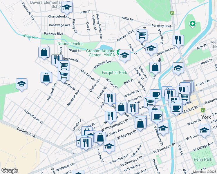 map of restaurants, bars, coffee shops, grocery stores, and more near 438 Lincoln Street in York