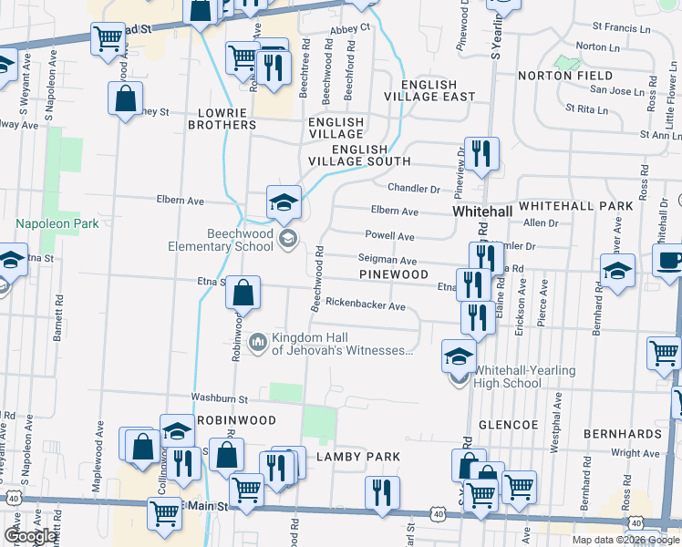 map of restaurants, bars, coffee shops, grocery stores, and more near 4060 Etna Street in Columbus