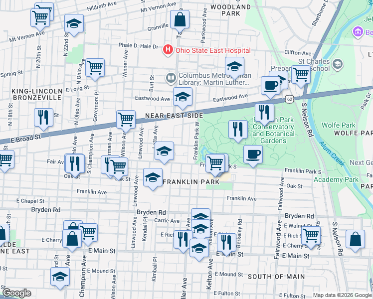 map of restaurants, bars, coffee shops, grocery stores, and more near in Columbus