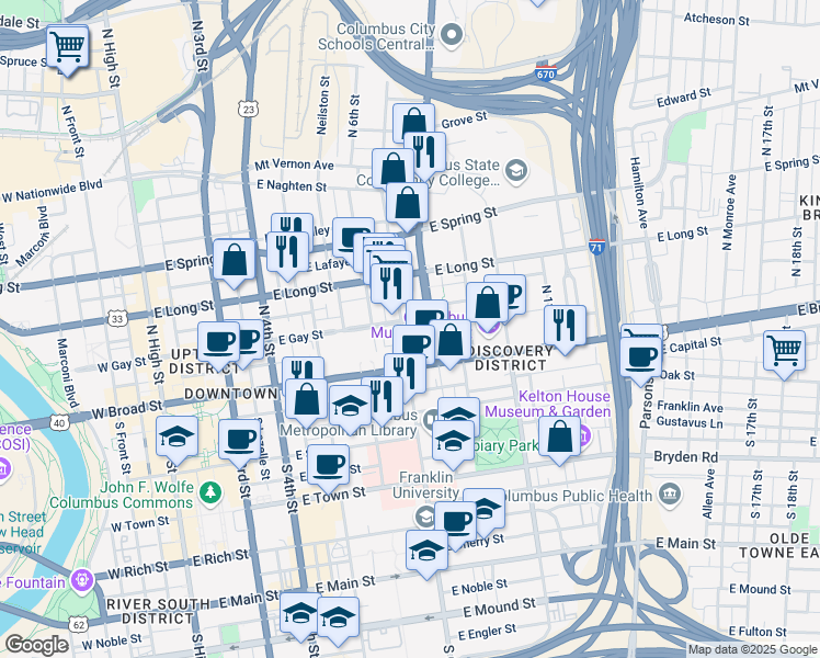 map of restaurants, bars, coffee shops, grocery stores, and more near 369 East Gay Street in Columbus