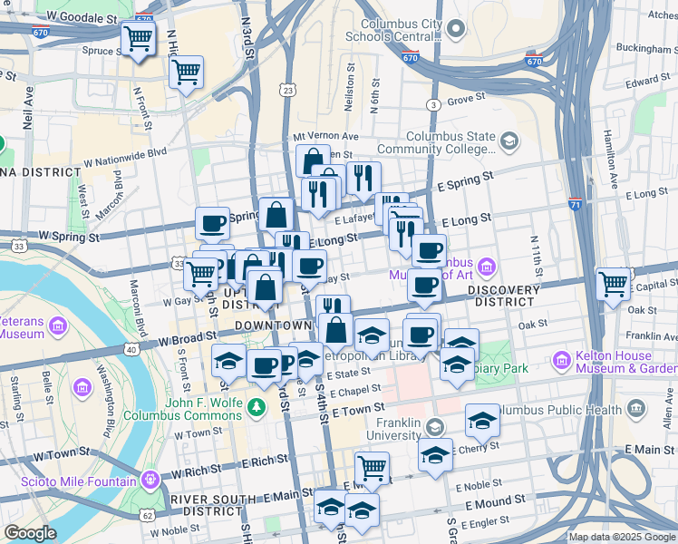 map of restaurants, bars, coffee shops, grocery stores, and more near 53 North 5th Street in Columbus
