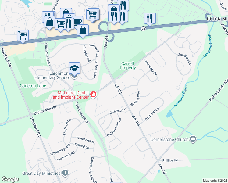 map of restaurants, bars, coffee shops, grocery stores, and more near 224 Ark Road in Mount Laurel Township