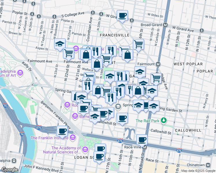 map of restaurants, bars, coffee shops, grocery stores, and more near 1806 Green Street in Philadelphia