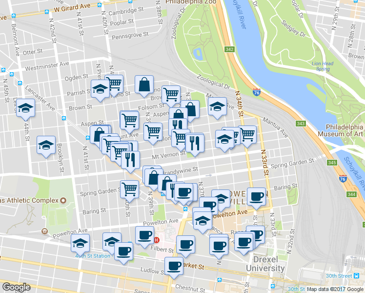 map of restaurants, bars, coffee shops, grocery stores, and more near 3734 Wallace Street in Philadelphia